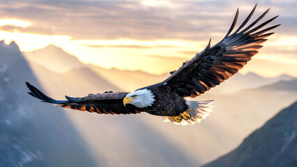 Majestic bald eagle soars through golden mountain sunrise