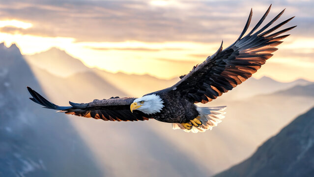 Majestic bald eagle soars through golden mountain sunrise