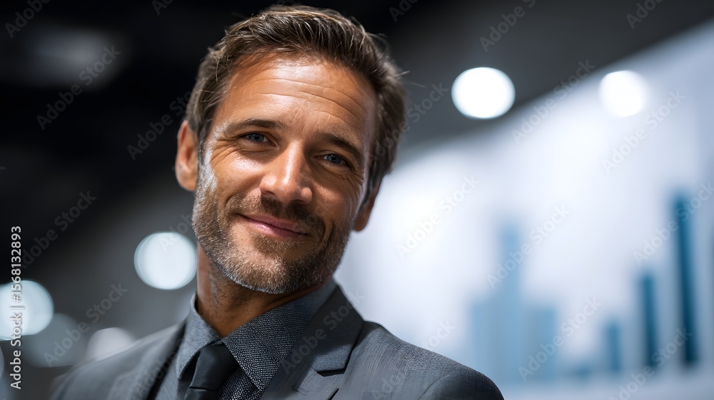 Poster confident executive presenting data in a sharp modern setting