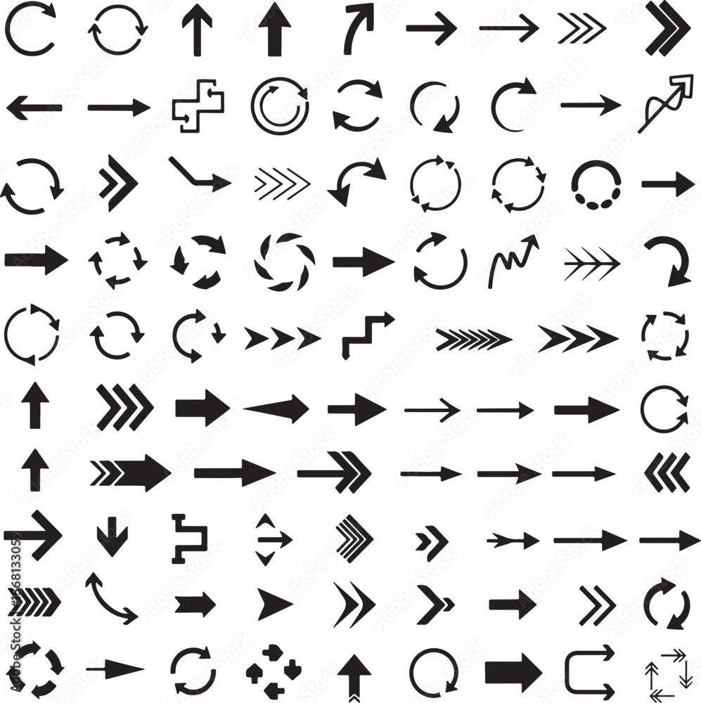 Poster collection of various black directional and circular arrows navigation symbol