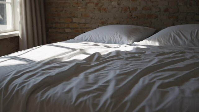Soft sunlight filtering through window, casting warm glow on rumpled white bedding near textured brick wall, evoking tranquil morning ambiance in minimalist bedroom