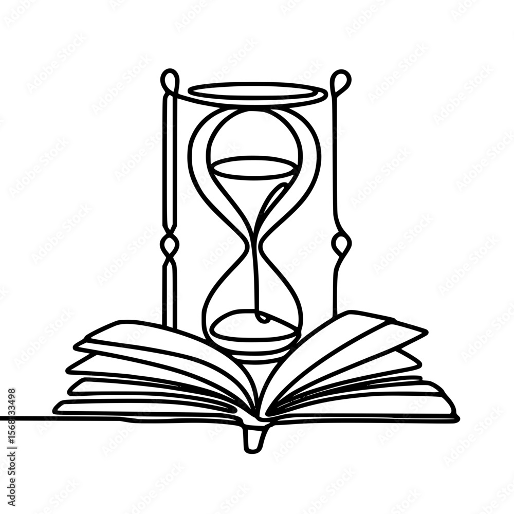 Poster single line outline vector of an hourglass over an open book