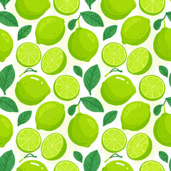 Vibrant green lime slices and whole fruits seamless pattern