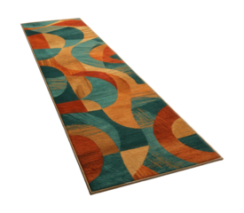 A colorful runner kitchen rug with abstract designs, made of durable olefin, perfect for a long, narrow galley kitchen in an apartment.