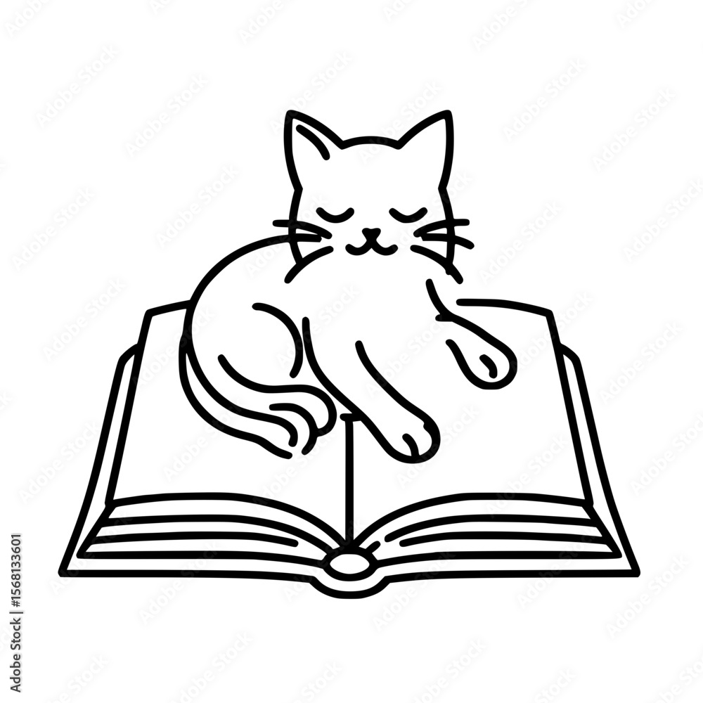 Poster Cat lying on an open book with closed eyes in simple line art style  