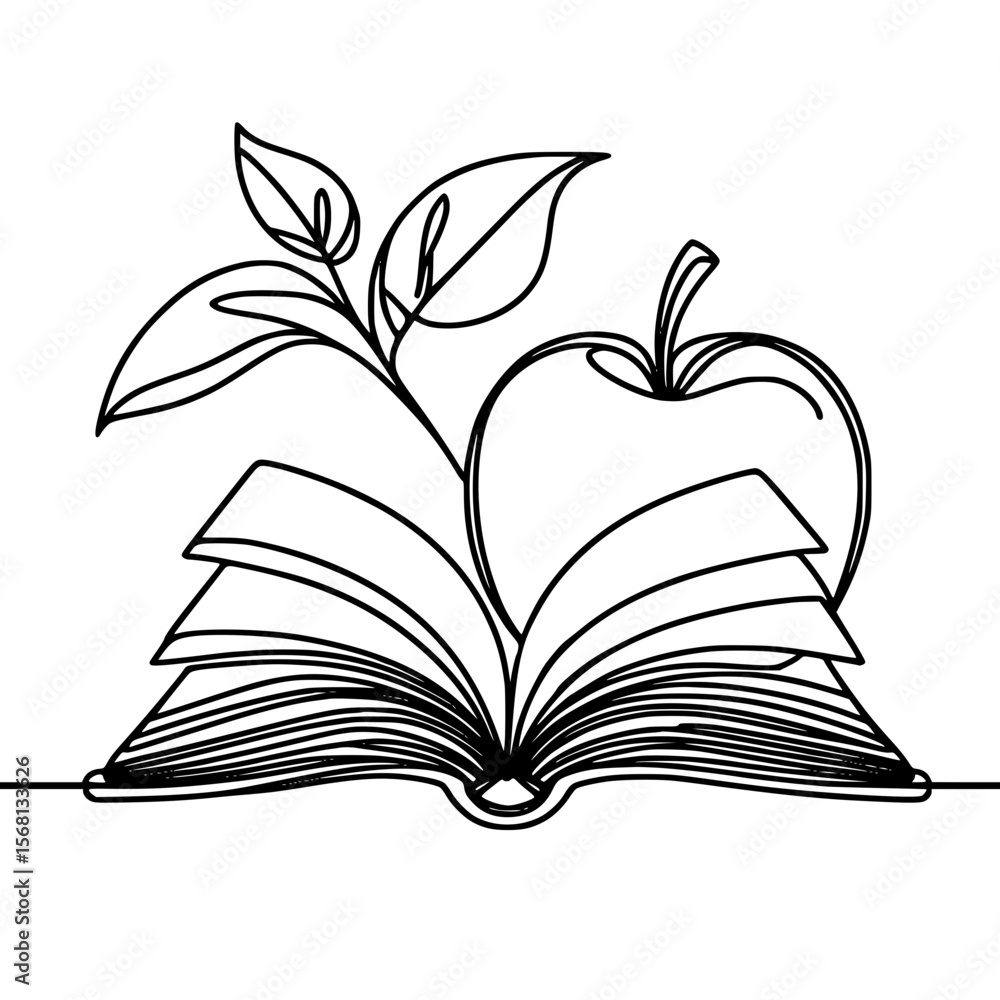 Poster open book with apple and leaf in single line outline vector style