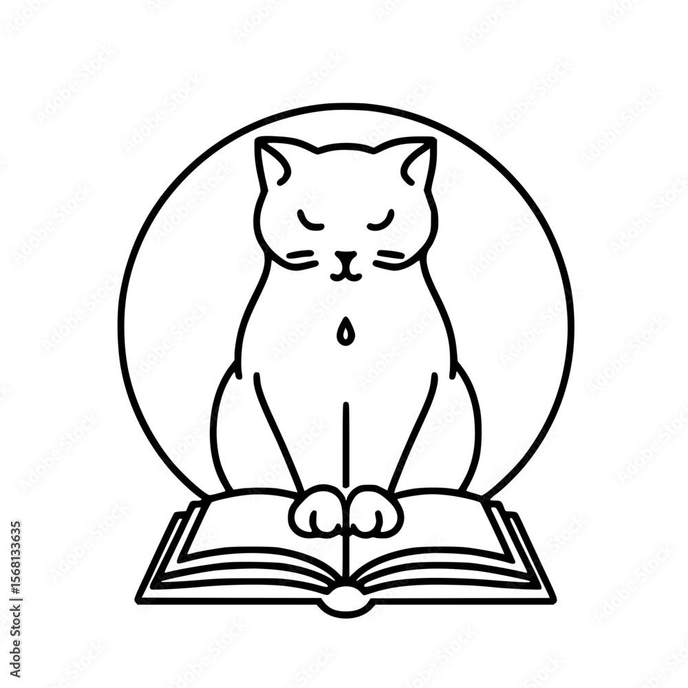 Poster cat sitting quietly on an open book in a simple line art style