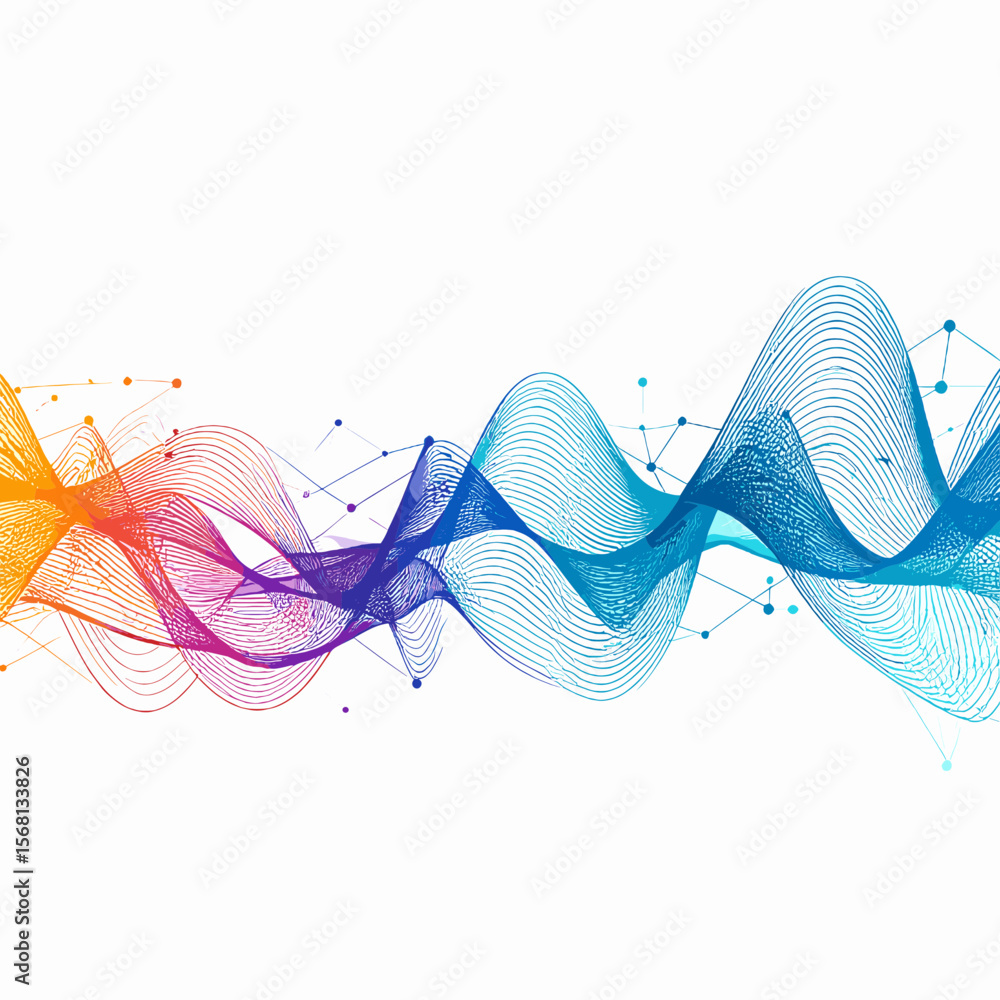 Poster abstract colorful wavy lines connected by dots on a white background digital artwork for modern desi