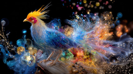 Fototapeta premium Bright fantastic firebird or phoenix on black background