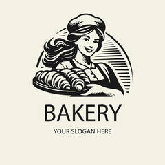 Black and white flat vector logo of a smiling female baker holding a tray of buns. Perfect for bakery branding, pastry shops, or baking-related designs.