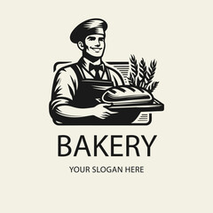 Black and white flat vector logo of a male baker holding a tray of bread loaves. Great for bakery logos, artisan bread shops, or culinary branding.