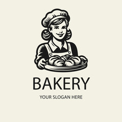 Black and white flat vector logo of a smiling female baker holding a tray of buns. Perfect for bakery branding, pastry shops, or baking-related designs.