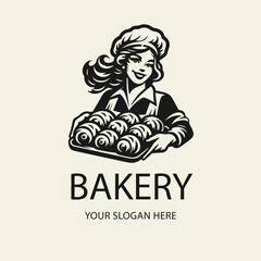 Black and white flat vector logo of a smiling female baker holding a tray of buns. Perfect for bakery branding, pastry shops, or baking-related designs.