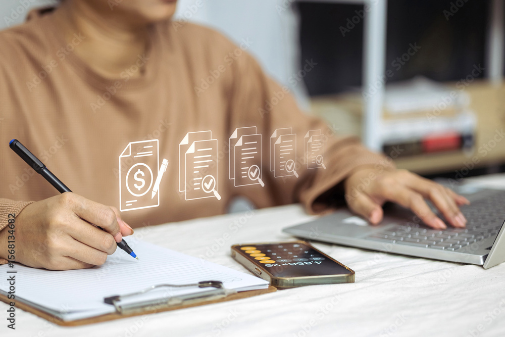 Poster a person works on a laptop and writes notes, with a series of digital document icons illustrating a 
