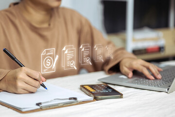 A person works on a laptop and writes notes, with a series of digital document icons illustrating a...