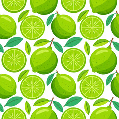 Vibrant green lime slices and whole fruits seamless pattern design