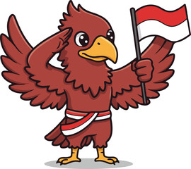Flying Garuda mascot waving Indonesian flag