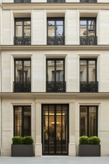 Obraz premium Elegant Parisian building with modern architecture and wrought iron balconies showcasing urban sophistication in a tranquil courtyard setting