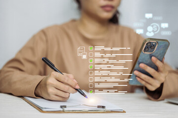 A woman uses a smartphone while marking a digital tax checklist that hovers over her clipboard.