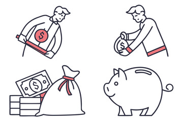 Set of 4 doodle icons for budgeting apps. White background.