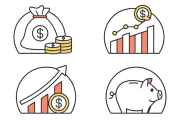 Set of 4 doodle icons for wealth management. White background.