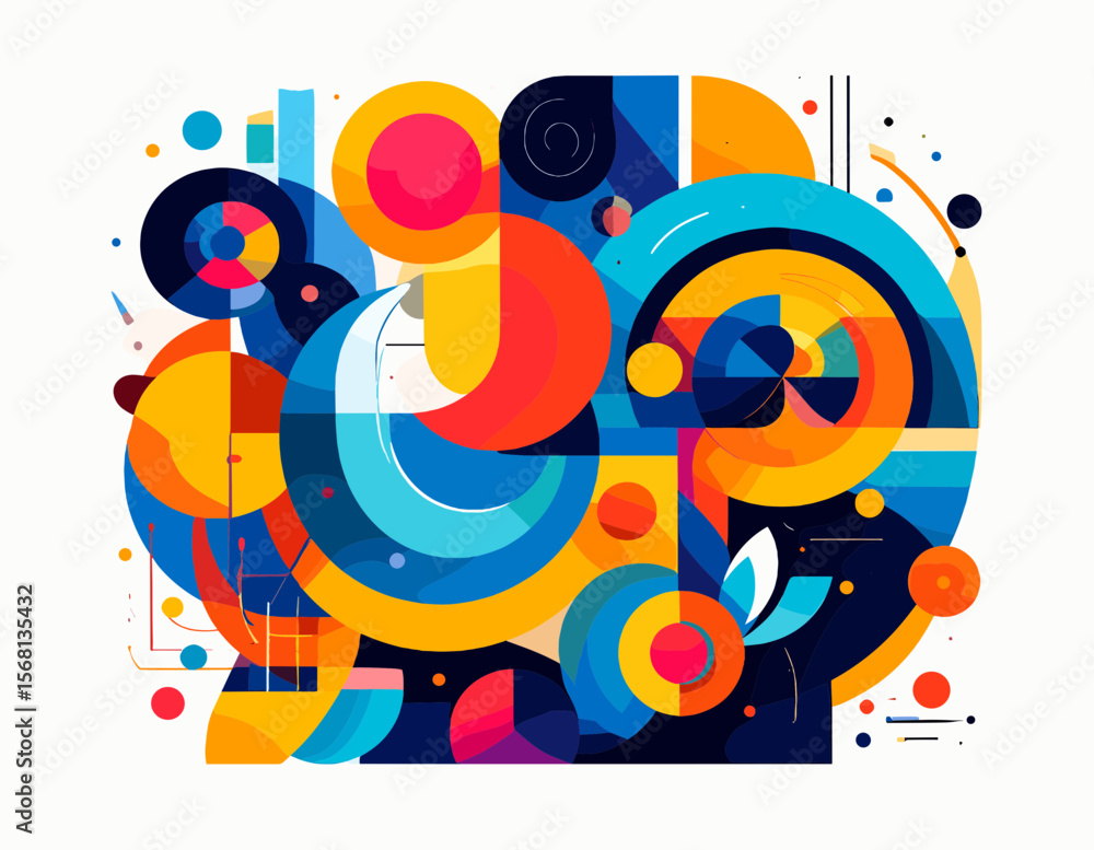 Poster abstract geometric composition featuring vibrant circles and shapes on a white background in a moder