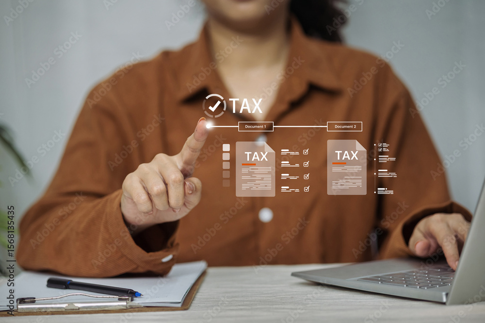 Poster a woman interacts with a futuristic digital interface to process and file different tax documents on