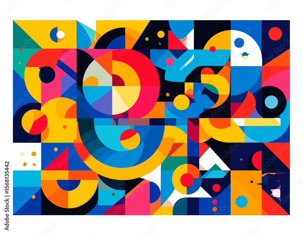 Poster abstract geometric composition with circles triangles and rectangles in vibrant colors on white back