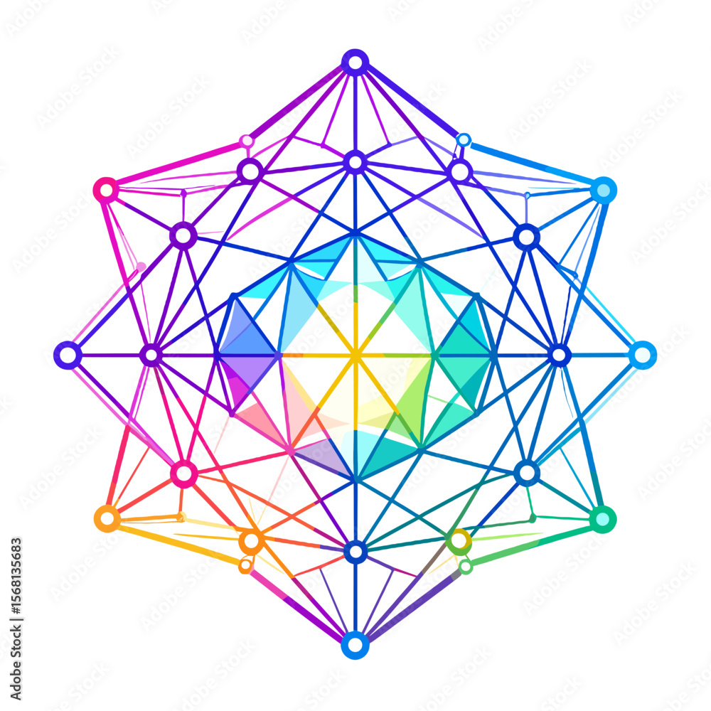 Poster abstract geometric shape with vibrant colors and intricate lines on white background featuring spher
