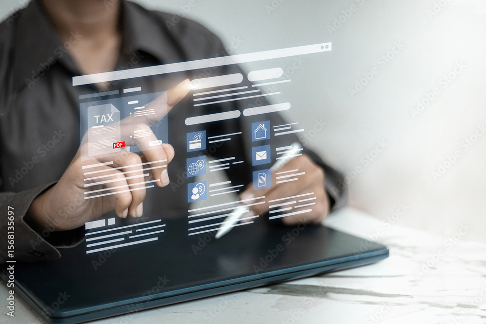Poster a person uses a stylus and tablet to interact with a large, floating digital interface for online ta