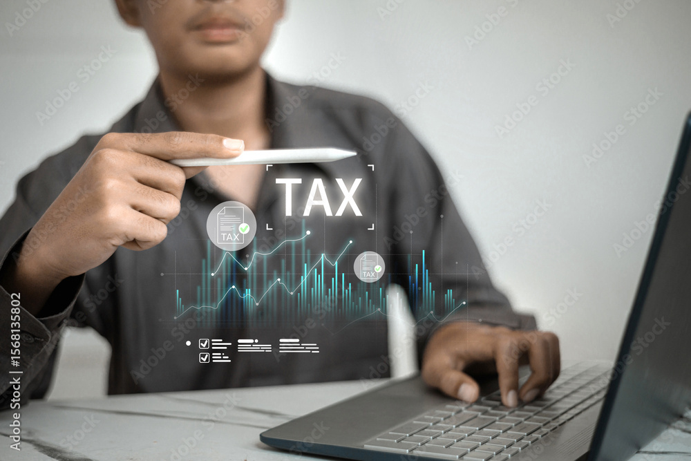 Poster a person uses a laptop and stylus to interact with a digital interface showing tax data and financia