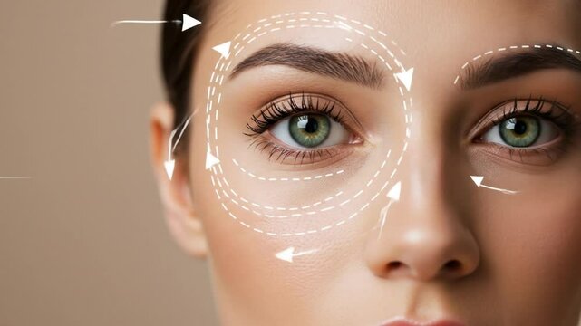 Closeup woman face with cosmetic procedure design elements light beige background wellness beauty enhancement skin skincare health