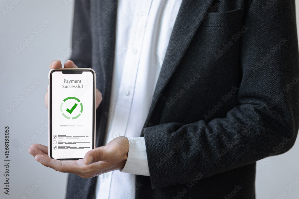 Poster a person in a suit holds a smartphone displaying a payment successful screen with a green checkmark.