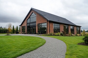 Obraz premium A contemporary brick structure featuring expansive windows is encircled by a beautifully landscaped lawn, all set under a gray, overcast sky