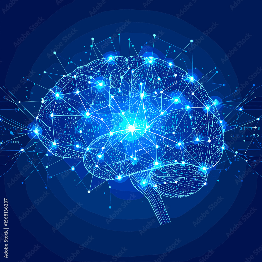 Poster abstract glowing blue brain neural network artificial intelligence technology background