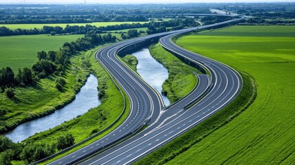 Split Highway Curving Through Green Landscape

