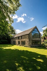 Fototapeta premium A charming stone house nestled amid lush, vibrant greenery, basking in the warm sunlight on a beautiful day with clear blue skies, located in a serene countryside setting