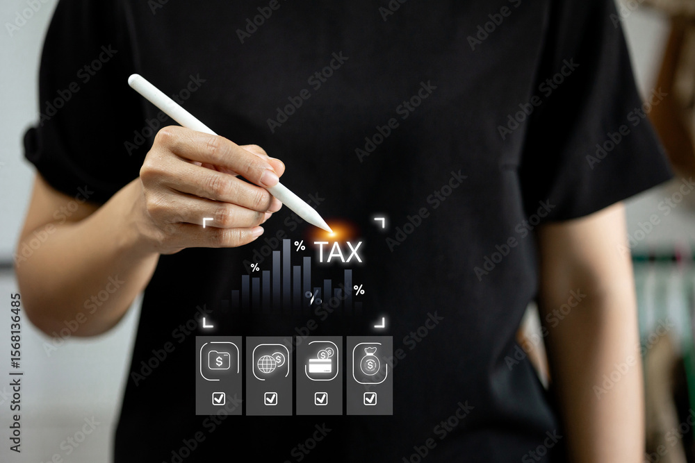 Poster a person uses a stylus to interact with a digital interface for calculating taxes, showing financial