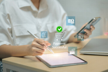 A person using a tablet and smartphone completes an online purchase, indicated by a Payment...