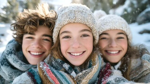 Smiling family group bundled warmly with scarves and wool hats, hugging close on winter stroll through sunlit snowy forest path, warmth and love glow despite chilly weather, celebr