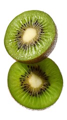 Fototapeta premium Two vibrant green kiwi fruit slices with black seeds isolated on a white background