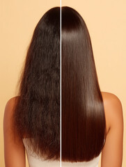 Before and after hair treatment showing smooth, straight hair  