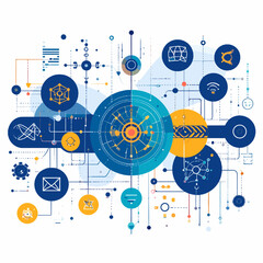 Obraz premium Abstract Network Connection Design in Blue and Orange Tones with Intricate Lines Circles and Geometric Shapes for Modern Communication Technology