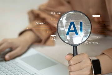 A person uses a magnifying glass to reveal the term AI within a digital search interface on a...