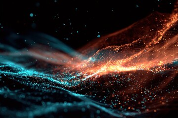 Abstract Digital Wave of Blue and Orange Particles in Cyberspace