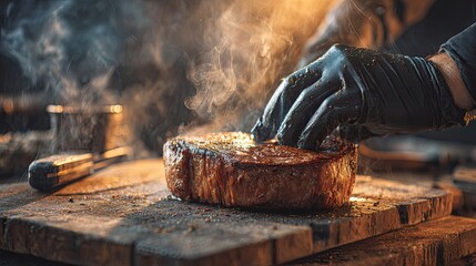 A seasoned steak, steaming hot, is delicately handled by a gloved hand