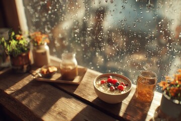 Rainy Window Breakfast with Berries, Honey, and Coffee Pot