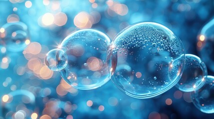 Close up of clear spheres with bubbles and bokeh lights on transparent background