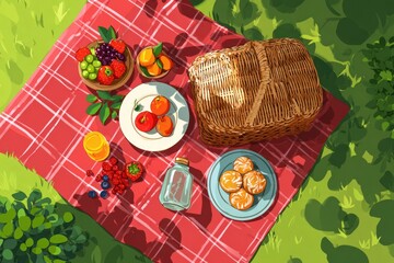 Colorful Picnic Spread with Fruit Bowls, Pastries, and Fresh Jui