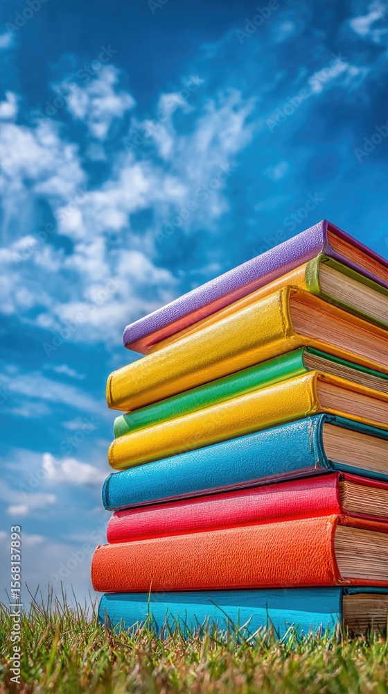 Poster a vibrant stack of colorful books rests on a patch of grass against a backdrop of a partly cloudy bl